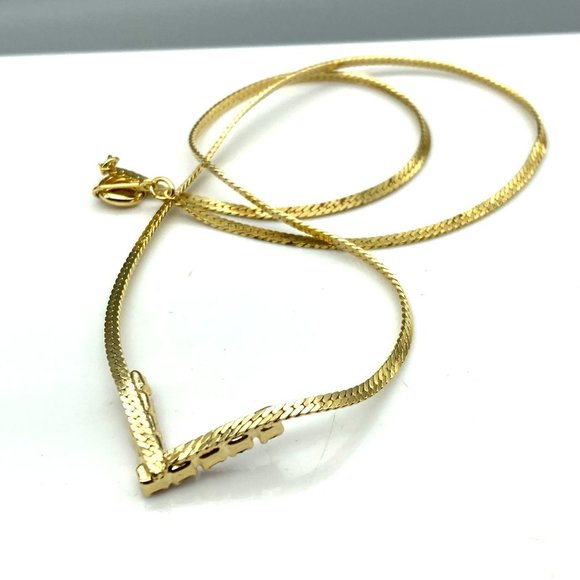 Flat Chain V Necklace with Pink and Clear Round Crystals, Vintage Chevron Choker - Picture 4 of 4